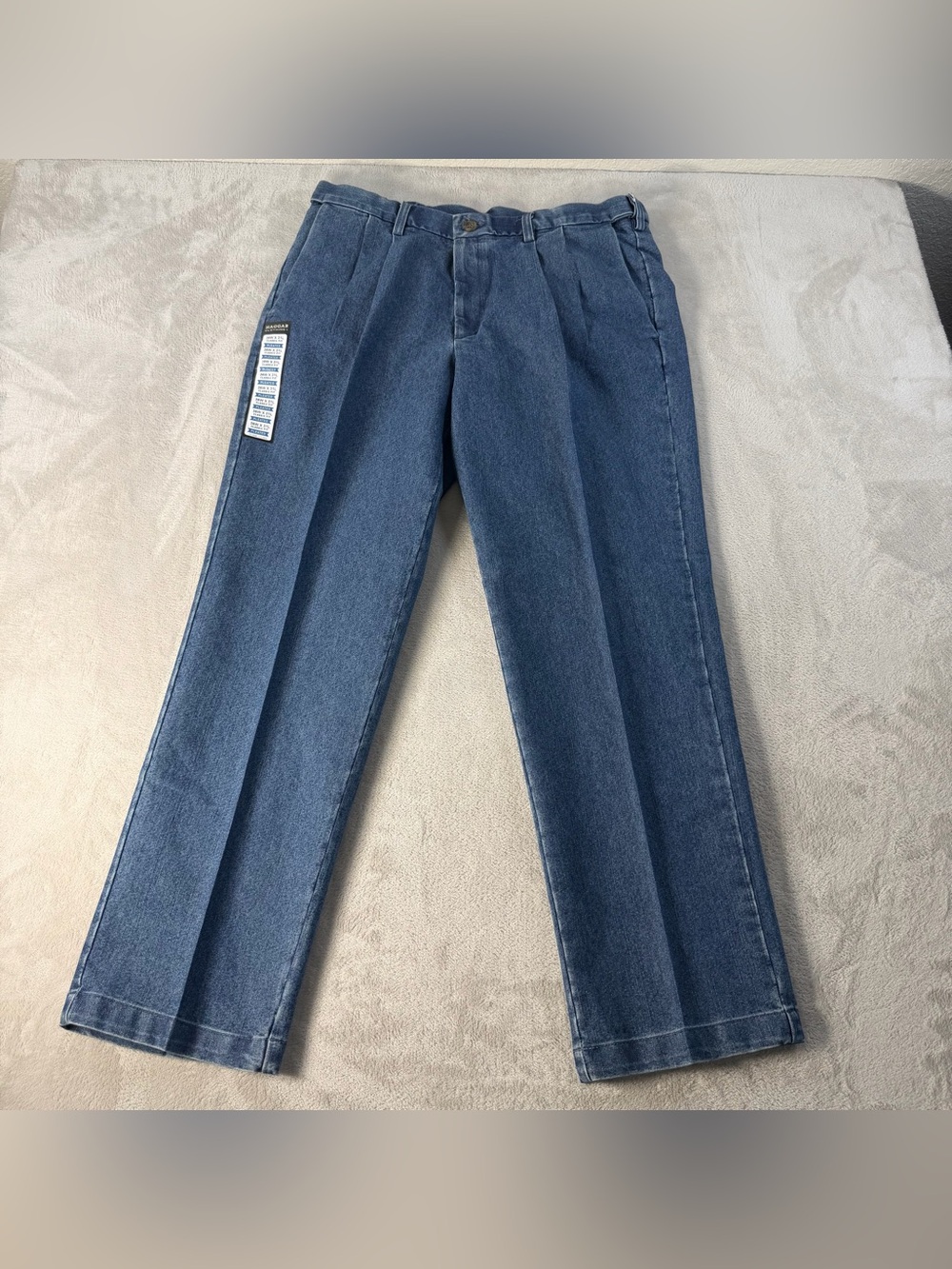 Haggar Mens Premium Stretch Denim Pants Pleated Classic Fit 36x31 Med Blue